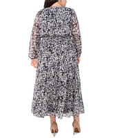 Msk Plus Printed Smocked-Waist Balloon-Sleeve Maxi Dress