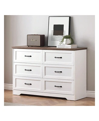 gaomon Dresser For Bedroom With 6 Drawers, Wood Drawer Dresser Chest Of Drawers For Closet, Living Room, Hallway, Nursery, Kids Bedroom(White and Brow