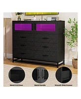 gaomon Dresser For Bedroom With Led Lights And Charging Station, 6 Drawer Double Dresser With 2 Shelves, Wide Modern Wooden Chest Of Drawers For Bedro