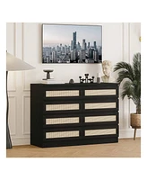 gaomon 8 Drawer Double Dresser For Bedroom, Rattan Chest Of Dressers, Modern Wooden Dresser Chest