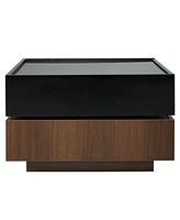 Slickblue 360° Rotating High Gloss Coffee Table with 2 Drawers, 2-Tier Swivel Top & Walnut Frame for Living Room