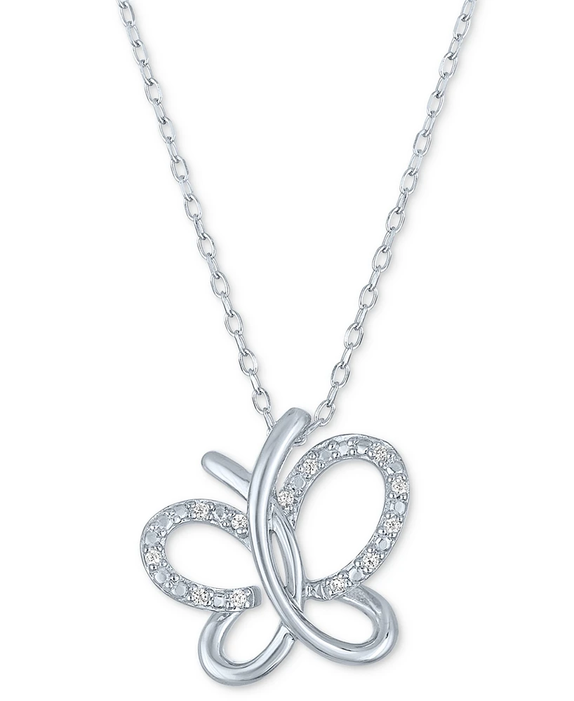 Diamond Accent Butterfly Pendant Necklace in Sterling Silver, 16" + 2" extender