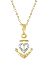 Diamond Accent Heart Anchor Pendant Necklace in Sterling Silver & 14k Gold-Plated Sterling Silver, 16" + 2" extender