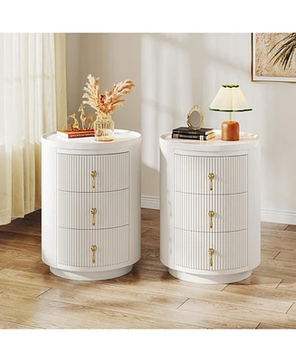 Tribesigns 3 Drawers White Nightstand Set of 2, No Assembly Bedside Table Night Stand for Bedroom, Modern Round End Side Table with Storage and Gold H