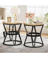 Tribesigns Side Table Set of 2, Round Carved End Table for Living Room, Bedroom, Small Side Table with Metal Frame, Accent Coffee Table, Nightstand wi