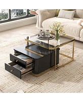 Slickblue Modern 2-Piece Square Nesting Coffee Table Set with Drawers and Electroplated Gold Legs - 27.6”