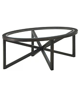 Slickblue Modern Round Glass Coffee Table with Solid Wood Base - Tempered Transparent Glass Top for Living Room, Terrace, and Study