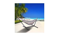 Slickblue Professional Black & Silver Hammock Stand with Coffee Stripe Polyester Hammock, Stylish Outdoor Setup