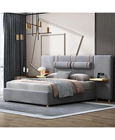 Slickblue Queen Upholstered Platform Bed with Dual Outlets and Usb Charging Ports on Each Side