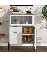 Slickblue Wood Sideboard with 3 Drawers, 1 Door, and Glass Door for Kitchen, Dining Room & Hallway Storage