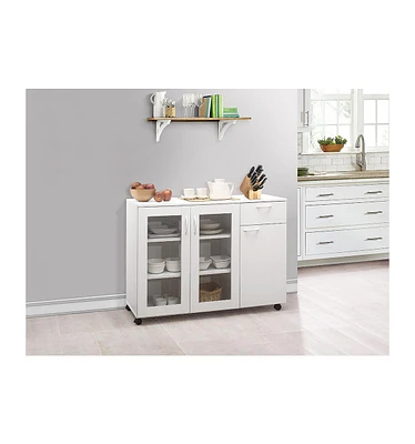 Kings Brand Furniture Buffet Server Sideboard Kitchen Storage Cabinet with Adjustable Shelves & Drawer, White Wood & Glass