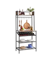 Kings Brand Furniture Red Tile Bakers Rack with 9 Wine Bottle Capacity & 8 Hooks - Kitchen Storage Organizer, White