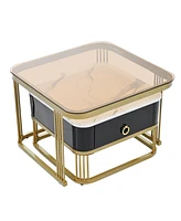 Slickblue Set of 2 Nesting Coffee Tables with Drawer, Brown Glass Top & High Gloss Marble for Living Room