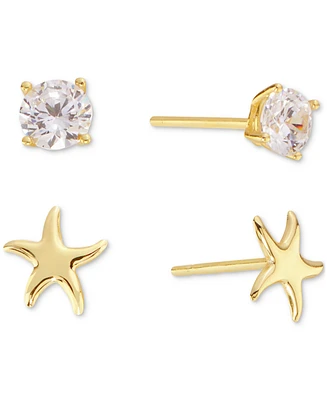 Macy's 2-Pc. Set Starfish & Crystal Stud Earrings in 14k Gold Over Sterling Silver