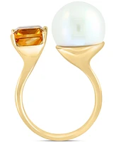 Effy Cultured Freshwater Pearl (13mm) & Citrine (2-7/8 ct. t.w.) Open Ring in 14k Yellow Gold