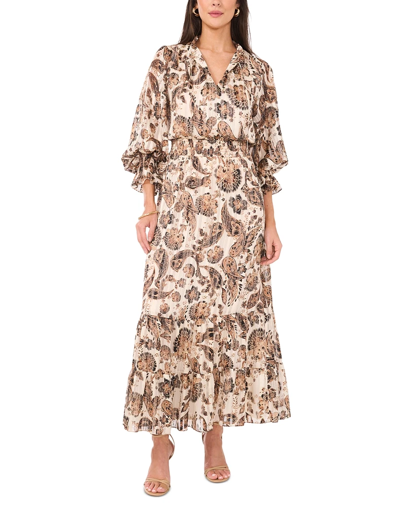 Vince Camuto Women's Printed Split-Neck Long-Sleeve Maxi Dress