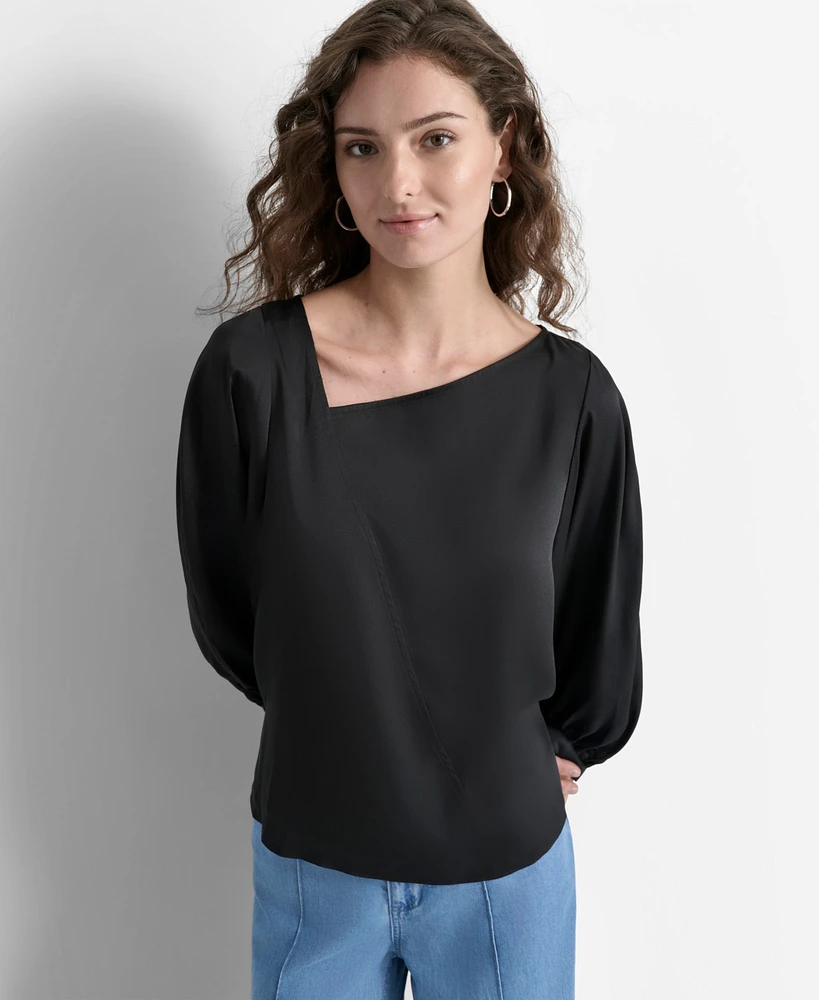 Dkny Women's Asymmetric-Neck 3/4-Puff-Sleeve Top