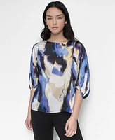 Dkny Women's Printed Asymmetric 3/4-Balloon-Sleeve Top