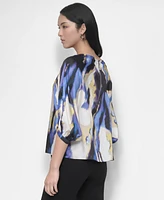 Dkny Women's Printed Asymmetric 3/4-Balloon-Sleeve Top