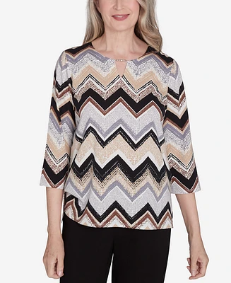 Alfred Dunner Women's Zig Zag Split Neck Top