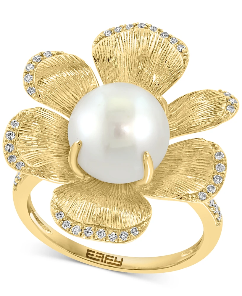 Effy Cultured Freshwater Pearl (9-1/2mm) & Diamond (1/6 ct. t.w.) Flower Statement Ring in 14k Yellow Gold