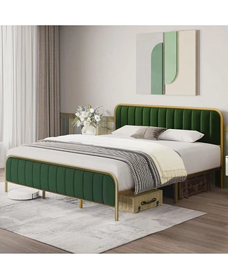 gaomon Full/King Bed Frame Modern Heavy Duty Velvet Upholstered Platform With Dense Sponge Headboard No Box Spring Needed
