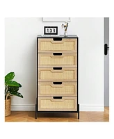 gaomon Modern Rattan 5 Drawers Dresser, Double Dresser For Bedroom, Chest Of Drawers Closet Organizers And Storage Clothes For Bedroom Living Room Hal