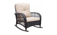 Slickblue Outdoor Patio Wicker Rocking Chair – Khaki Rattan Porch Rocker with Soft Cushions