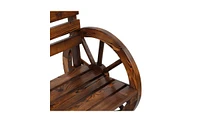 Slickblue Rustic 2-Person Wooden Wagon Wheel Bench – Slatted Seat and Backrest, Brown Finish