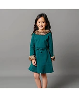 Hope & Henry Little Girls Long Sleeve Ponte Skater Dress with Faux Fur Trim