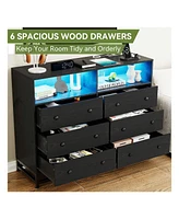 gaomon 6 Drawer Double Dresser Tv Stand, Bedroom Dresser With Power Outlet & Led Light, Wood Dresser For Room, Hallway, 47.2''W15.8''D36.2''H (