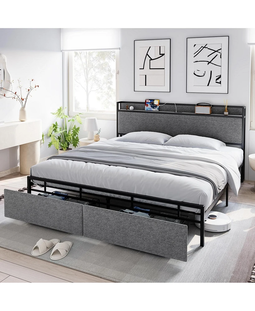 gaomon King Size Bed Frame with 2 Storage Drawers, Lined Fabric Upholstered Headboard with Charging Station