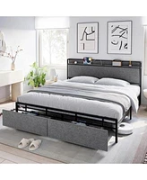 Gaomon King Size Bed Frame With 2 Storage Drawers Lined Fabric Upholstered Headboard With Charging Station