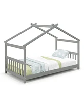 Sugift Twin Size Wooden House Bed with Roof