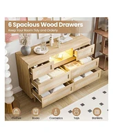 gaomon Natural Rattan Dresser For Bedroom With Led Light And Charging Station, 6 Drawer Double Dressers, Modern Wooden Dresser Chest, Beside Table For