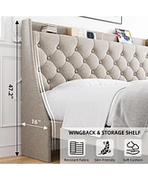 gaomon King Bed Frame with Upholstered Wingback Headboard, Luxurious Linen Upholstery Platform Charging Station