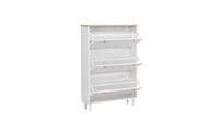 Slickblue Narrow Shoe Cabinet with 3 Flip Drawers & Wood Grain Top - Free Standing White Entryway Organizer with Hooks & Adjustable Panel