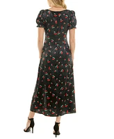 Crystal Doll Juniors' Cherry Print Puff-Sleeve Midi Dress