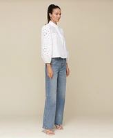 Avec Les Filles Women's Button-Front Long-Sleeve Eyelet Top