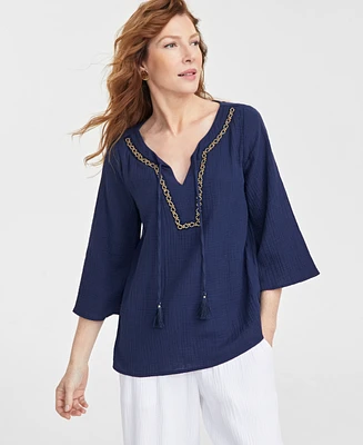 Jm Collection Women's Cotton Embellished Split-Neck Top, Exclusively at Macy's