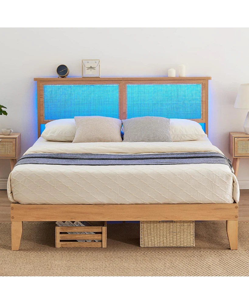 gaomon Queen Size Bed Frame with Natural Rattan Headboard & Integrated Led Lights