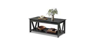 Wlive Farmhouse Coffee Table,Living Room Table with Storage,43 in Wood Center Table with V-Shaped Frame for Home Office,Apartment,Charcoal Black