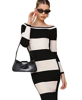 Avec Les Filles Women's Striped Rib-Knit Long-Sleeve Sweater Dress