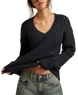 Lucky Brand Women's V-Neck Pointelle Cable Pullover