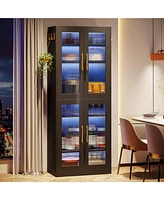 Tribesigns Bookcase with Doors and Led Light, 67-inch Tall Bookshelf 8-Tier Adjustable Shelves Hanging Hooks, Freestanding Storage Cabinet fo