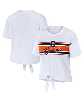 Wear by Erin Andrews Women's White Syracuse Orange Striped Front Knot Cropped T-Shirt