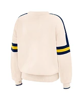 Wear by Erin Andrews Women's Cream Michigan Wolverines Chenille Woven Patch Stripe Pullover Sweatshirt