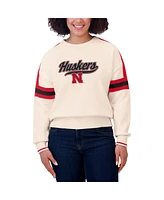 Wear by Erin Andrews Women's Cream Nebraska Huskers Chenille Woven Patch Stripe Pullover Sweatshirt