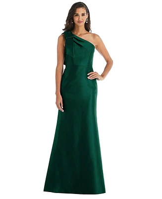 Alfred Sung Plus Bow One-Shoulder Satin Trumpet Gown