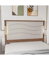 Streamdale Furniture Queen Size Bed Frame with Upholstered Headboard, Queen Bed Frame with Charging Station and Led Lights, Wood Slats, Beige Linen, N